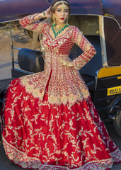 Crimson Red Peplum Mughal Lehenga Set