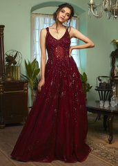 Burgundy Maroon Sheer Sequinned Gown