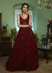 Burgundy Maroon Sheer Sequinned Gown