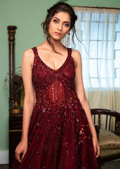 Burgundy Maroon Sheer Sequinned Gown
