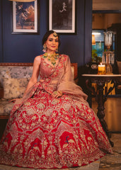 Deep Red And Gold Peacock Lehenga Set