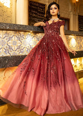 Wine And Coral Structured Abstract Gown