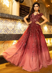 Wine And Coral Structured Abstract Gown