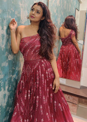 Mayuri Deshmukh - Maroon Ombre Abstract One-Shoulder Gown
