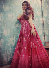 Mayuri Deshmukh - Maroon Ombre Abstract One-Shoulder Gown