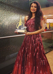 Mayuri Deshmukh - Maroon Ombre Abstract One-Shoulder Gown