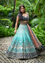 Turquoise Teal Archaic Lehenga Set
