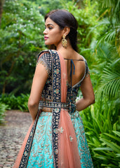 Turquoise Teal Archaic Lehenga Set