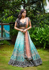 Turquoise Teal Archaic Lehenga Set