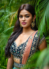 Turquoise Teal Archaic Lehenga Set