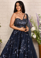 Navy Blue Sequinned One-Shoulder Drape Gown