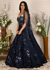 Navy Blue Sequinned One-Shoulder Drape Gown
