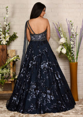 Navy Blue Sequinned One-Shoulder Drape Gown