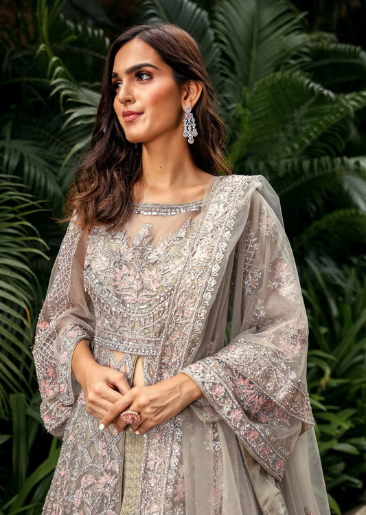 Teal Grey Mughal Bagh Anarkali Lehenga