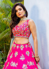 Fuchsia And Pastel Mirror Lehenga Set