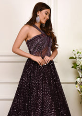 Purple Sequinned One Shoulder Gown