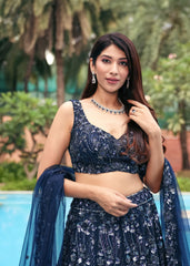 Navy Abstract Botanic Lehenga Set