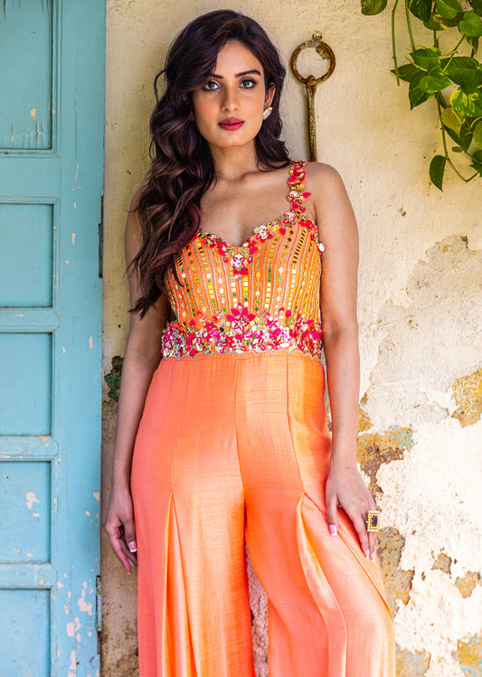 Coral Peach Ebroidered Pallazo Jumpsuit