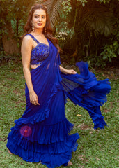 Electric Blue Tiered Ruffle Skirt Saree