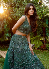 Emerald Green Abstract Lehenga Set