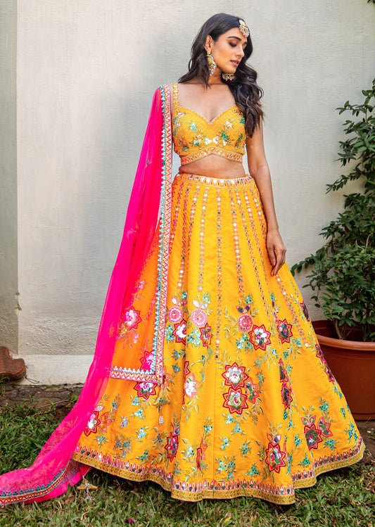 Dandelion And Pink Foil Lehenga Set