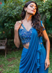 Cobalt Blue Tiered Drape Palazzo Set
