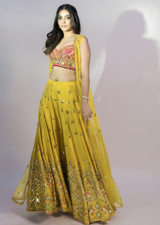 Rani Silk Mirror Pearl And Sequins Embroidered Choli With Yellow Organzha Jacket Plazho Set