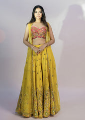 Rani Silk Mirror Pearl And Sequins Embroidered Choli With Yellow Organzha Jacket Plazho Set