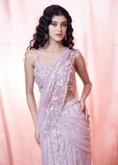Pink Kali Saree With Attached Drape And Choli
