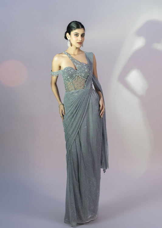 Grey Lycra Fabric Self Embroidered Textured Gown