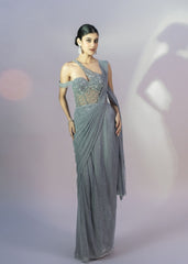 Grey Lycra Fabric Self Embroidered Textured Gown