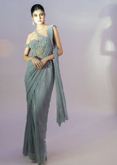 Grey Lycra Fabric Self Embroidered Textured Gown