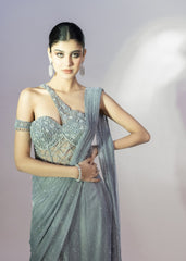 Grey Lycra Fabric Self Embroidered Textured Gown