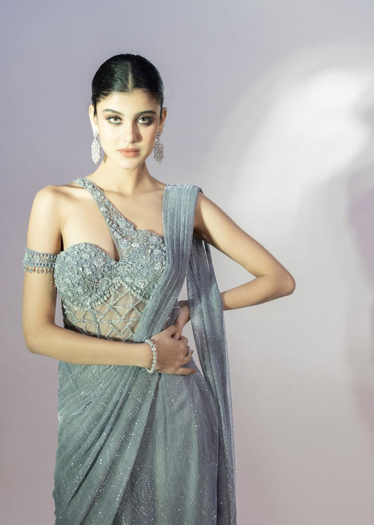 Grey Lycra Fabric Self Embroidered Textured Gown
