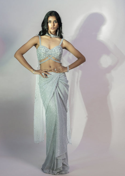 Grey Shimmer Dupatta Net Drape Skirt
