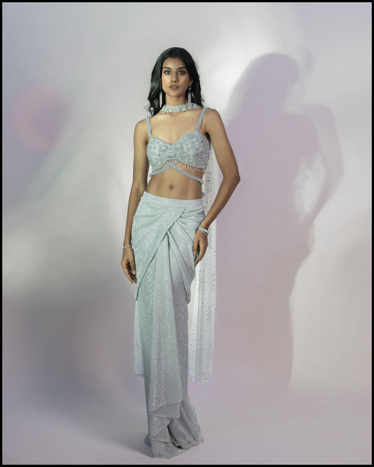 Grey Shimmer Dupatta Net Drape Skirt