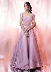 Old Rose Pink Crush Fabric Lehenga With Drape Dupatta