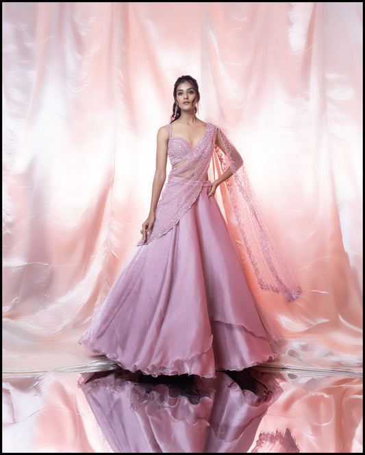 Old Rose Pink Crush Fabric Lehenga With Drape Dupatta