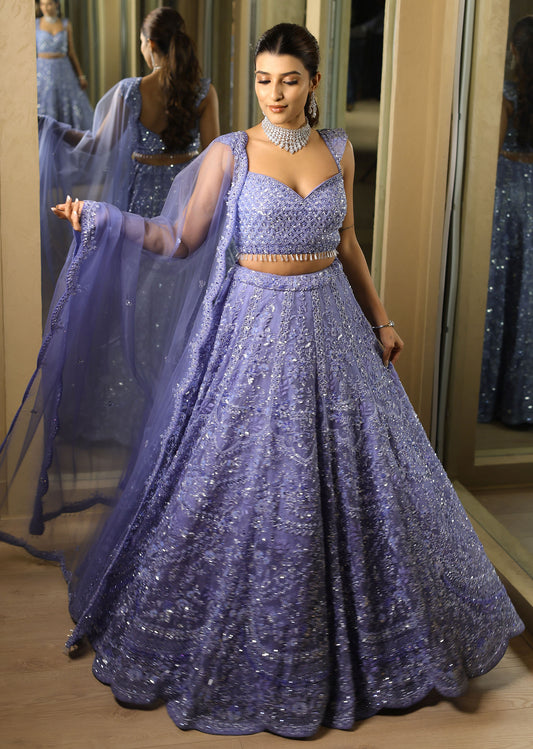 Rich Royal Blue Diamond Work Lehenga Set with Lightly Detailed Dupatta