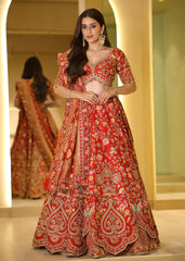 Red Zari & Resham Hand-Embroidered Bridal Lehenga with Sage Green Dupatta – Rangdeep