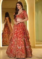 Red Zari & Resham Hand-Embroidered Bridal Lehenga with Sage Green Dupatta – Rangdeep