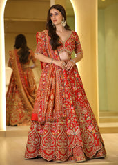 Red Zari & Resham Hand-Embroidered Bridal Lehenga with Sage Green Dupatta – Rangdeep