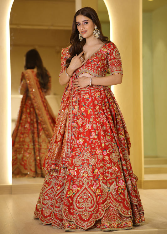 Red Zari & Resham Hand-Embroidered Bridal Lehenga with Sage Green Dupatta – Rangdeep