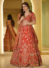 Red Zari & Resham Hand-Embroidered Bridal Lehenga with Sage Green Dupatta – Rangdeep