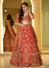 Red Zari & Resham Hand-Embroidered Bridal Lehenga with Sage Green Dupatta – Rangdeep