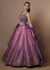 Lavender-pink embellished lehenga set with crystal blouse and net dupatta