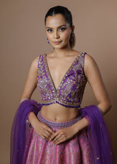 Lavender-pink embellished lehenga set with crystal blouse and net dupatta