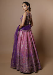 Lavender-pink embellished lehenga set with crystal blouse and net dupatta