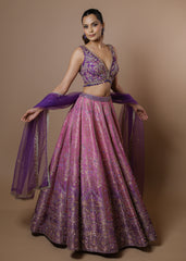 Lavender-pink embellished lehenga set with crystal blouse and net dupatta