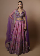 Lavender-pink embellished lehenga set with crystal blouse and net dupatta